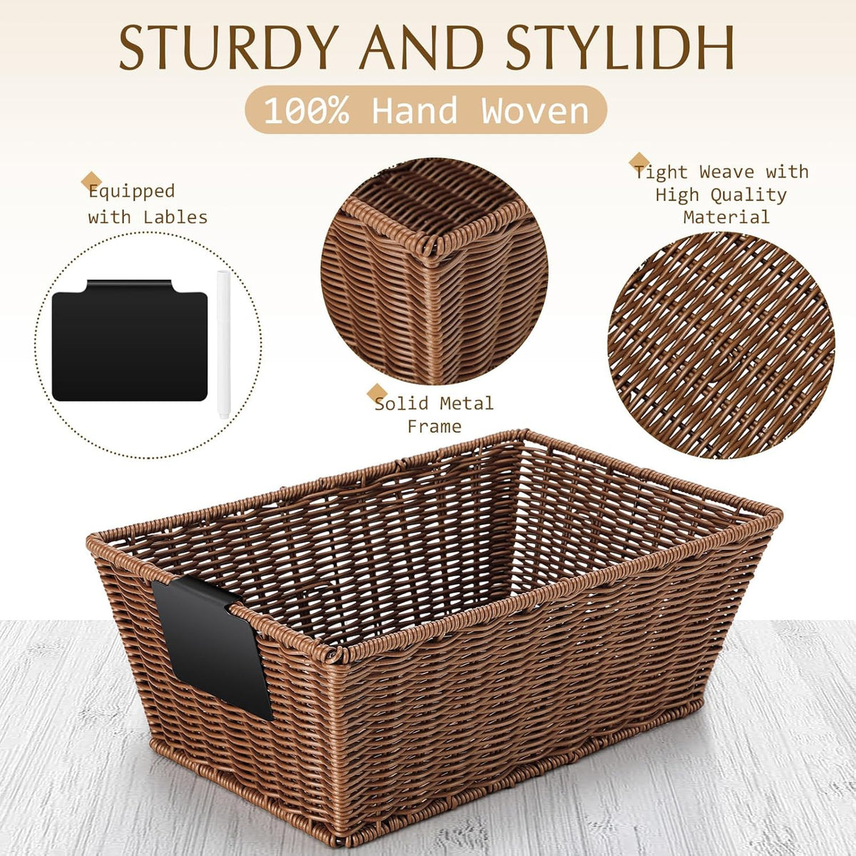 Marsui 6 Pcs Wicker Storage Baskets with Labels Handwoven Multi-size Brown Wicker Storage Bins for Organizing Small Baskets Container for Shelves Closet Pantry Toilet(Brown )
