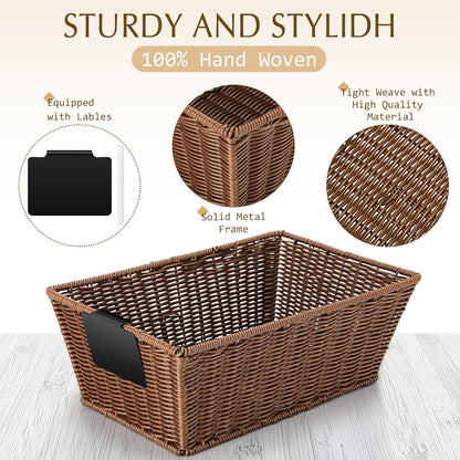 Marsui 6 Pcs Wicker Storage Baskets with Labels Handwoven Multi-size Brown Wicker Storage Bins for Organizing Small Baskets Container for Shelves Closet Pantry Toilet(Brown )