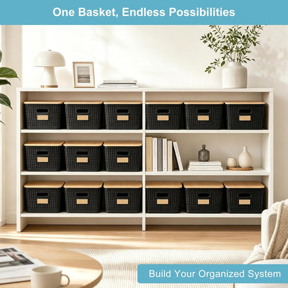 Bagnizer Small Plastic Storage Bins with Bamboo Lids 5.2qt Stackable Box Basket Pantry Decorative Containers Cute with Labels for Organizing Desktop Closet Office Cream White of 10*7.2*4.1"