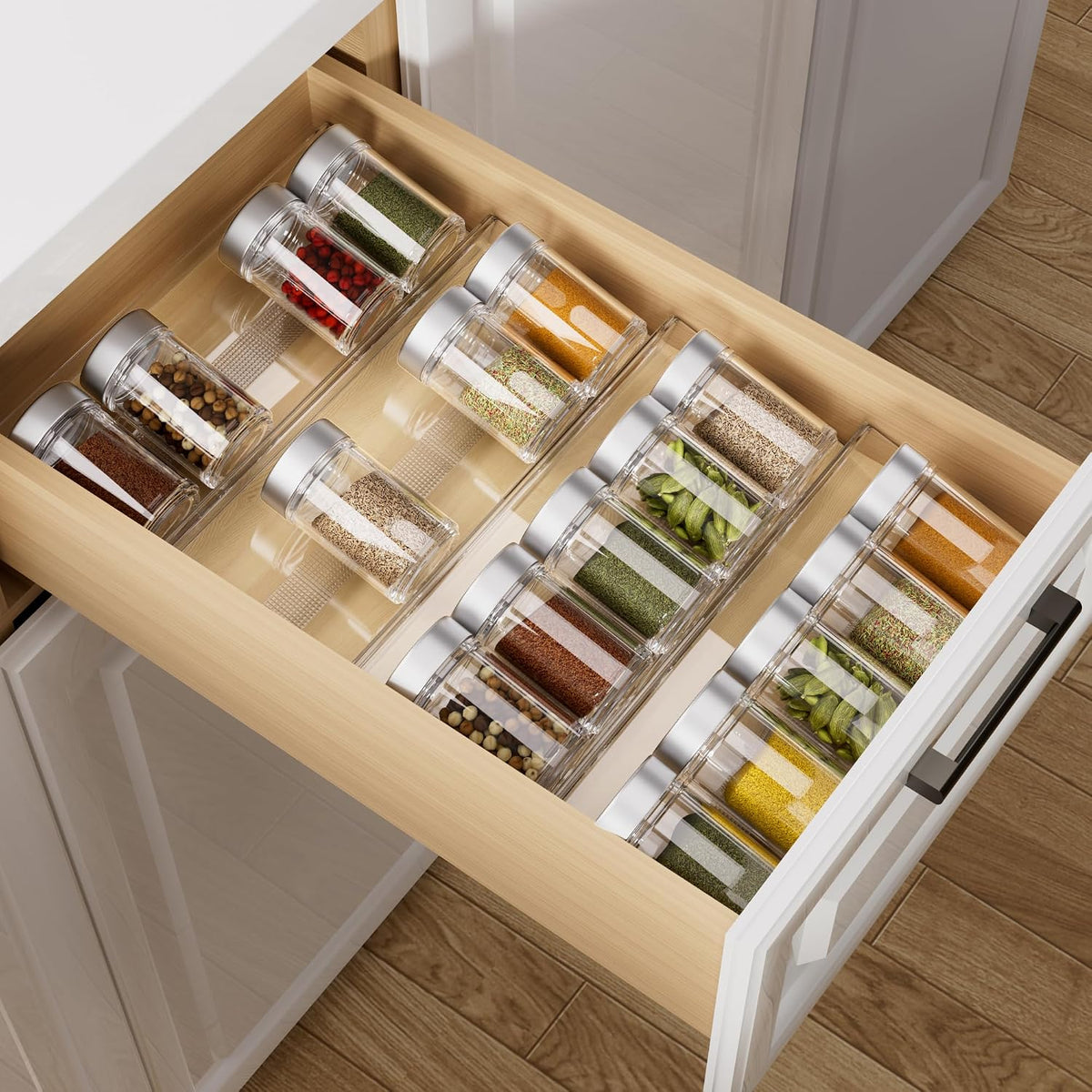 MIUKAA Acrylic Spice Drawer Organizer, 4 Tier - Seasoning Organizer for Drawer, Expandable From 13" to 26" Kitchen Drawer Spice Rack with Slip-Proof Mat (Jars not Included)