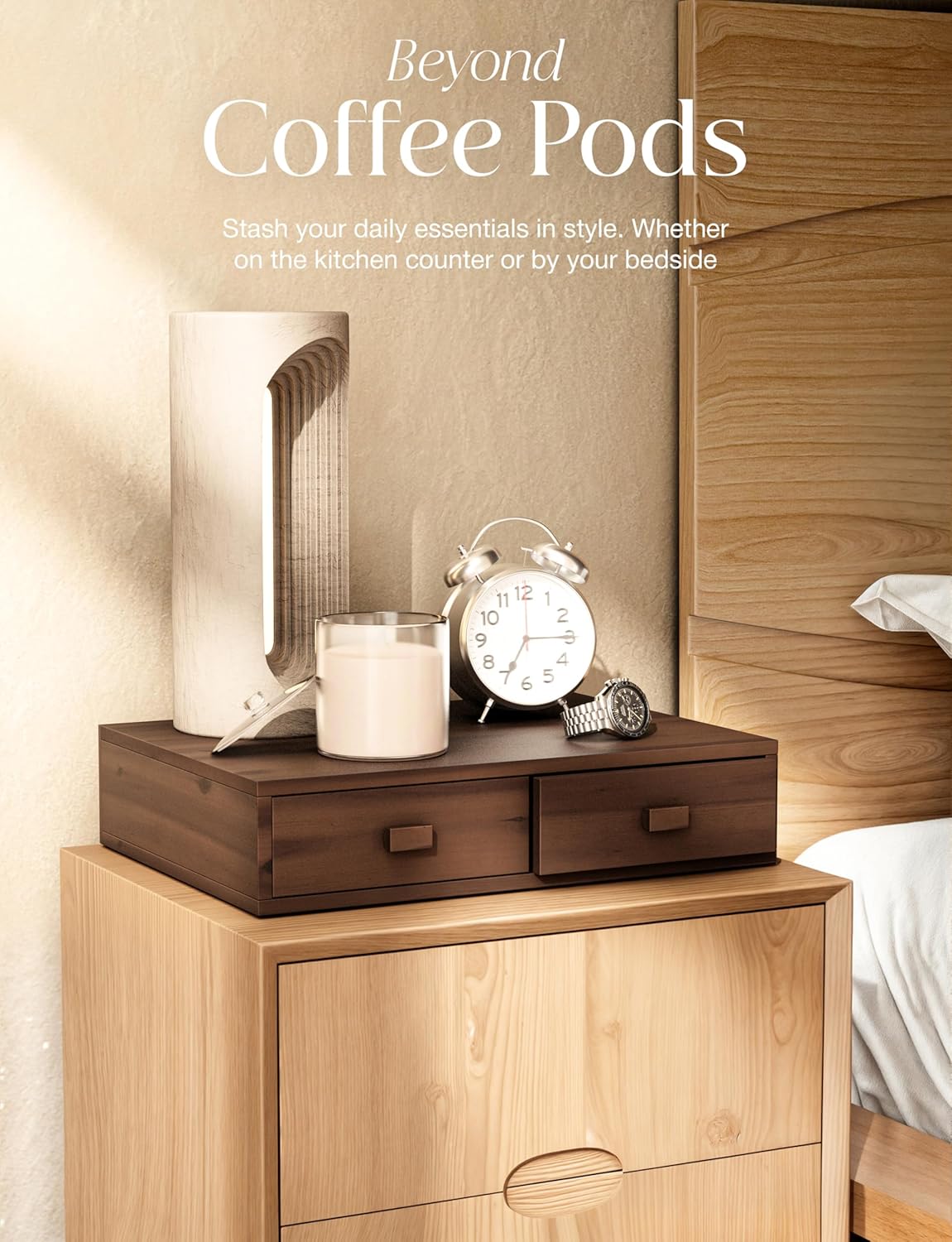 Tinamo Acacia Wood Coffee Pod Storage Box, 30 Pod Capacity, Coffee Pods and Tea Organizer Holder, K Pod Drawer Coffee Maker Machine Stand, for K-Cup Drawer Organizer Under Brewer (Acacia, 2 drawer)