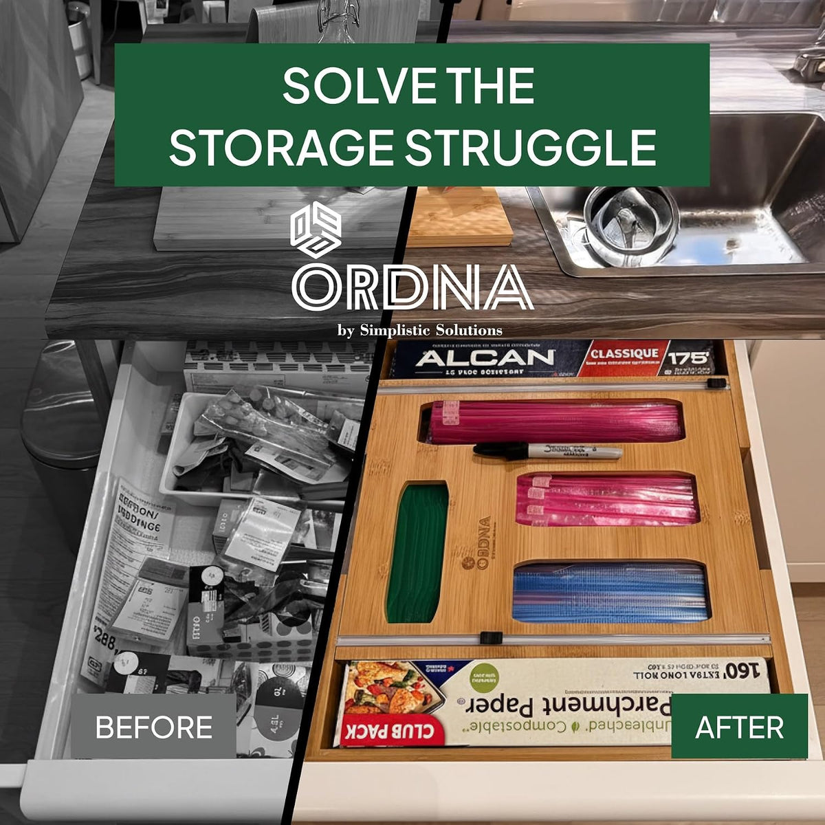 3" Slim 6-in-1 Expandable Storage Bag Organizer Kitchen Drawer - Bamboo Baggie Organizer for Drawer, Aluminum Foil & Saran Wrap Cutter, Plastic, Gallon, Quart & Sandwich Bags (11.5"-17.63" Wide)