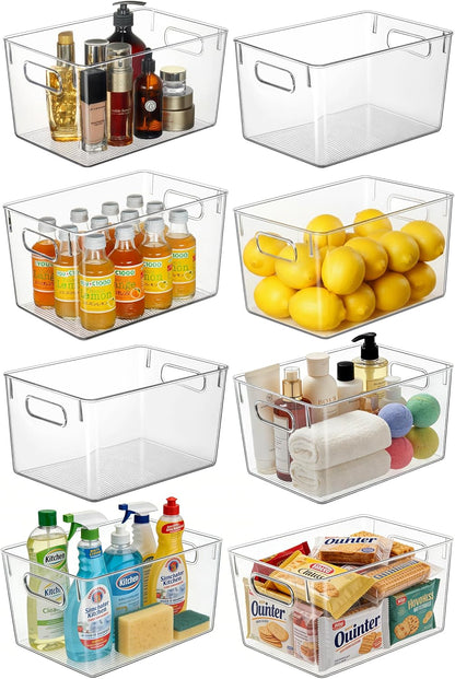 Hudgan Set of 8 Clear Plastic Storage Bins 4 Large and 4 Small Stackable Storage Containers for Pantry Organizers and Kitchen Storage, Cabinet, Freezer, Under Sink Organization