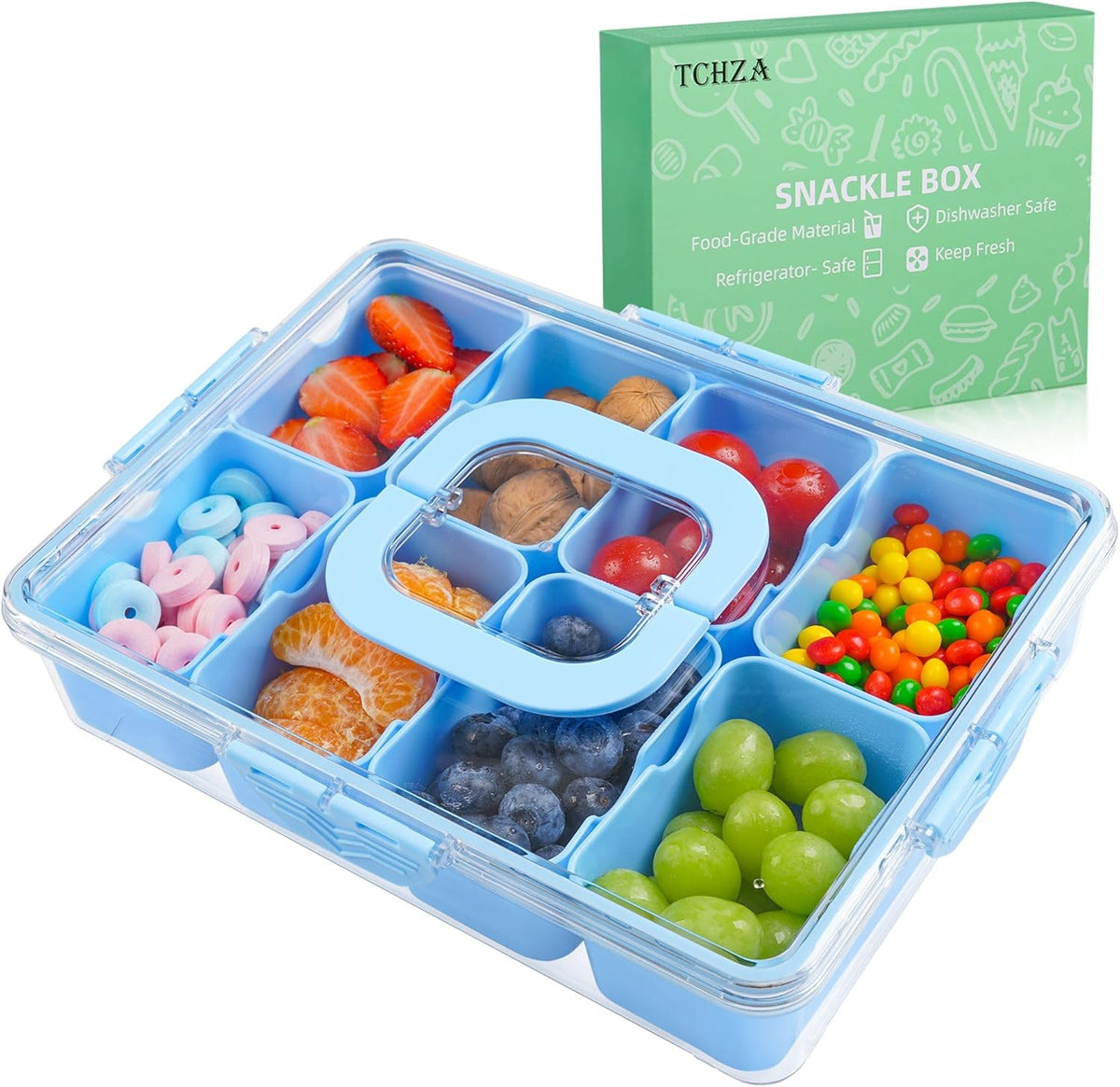 TCHZA Snackle Box Container, Dishwasher Safety - Divided Serving Tray with Lid and Handle, Charcuterie Board for Portable Snack Platters - Clear Organizer for Fruits Snacks,Perfect for Road Travel