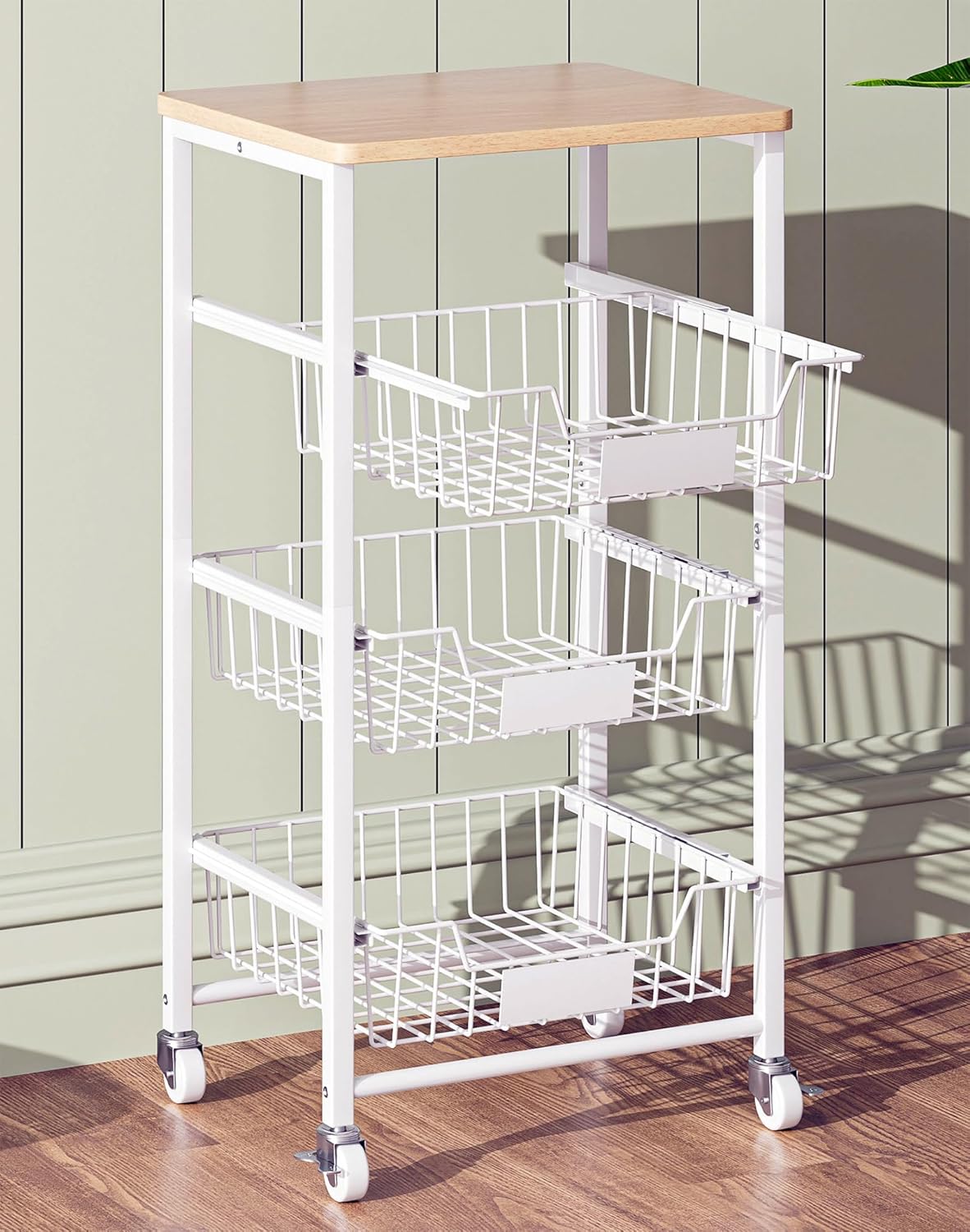 OKZEST 4-Tier Kitchen Storage Cart on Wheels – Mobile Fruit Basket Stand with Drawers & Wooden Top, Small Rolling Pantry Shelf for Potatoes, Onions, Bottled Drinks, Cans, Snacks – Includes 3 PE Liners