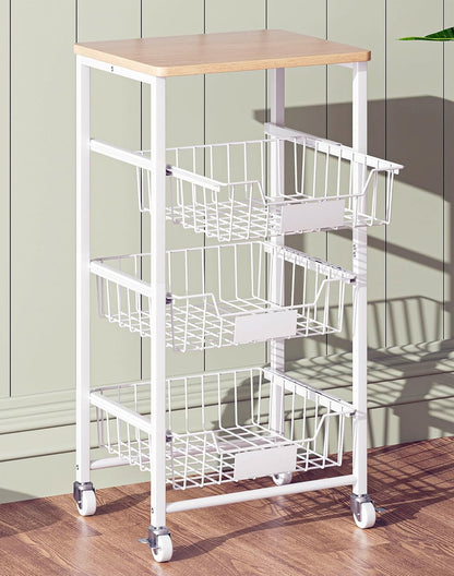 OKZEST 4-Tier Kitchen Storage Cart on Wheels – Mobile Fruit Basket Stand with Drawers & Wooden Top, Small Rolling Pantry Shelf for Potatoes, Onions, Bottled Drinks, Cans, Snacks – Includes 3 PE Liners