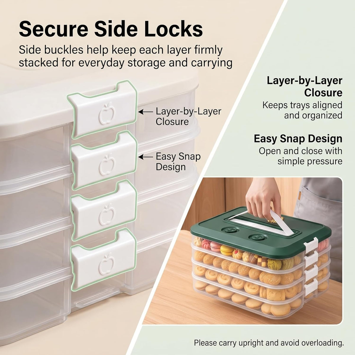 LOEZ 4 Tier Stackable Food Storage Containers, Clear Baked Goods Container for Cookies, Muffins, Macarons and Pizza, Dessert Carrier with Lid (Green)