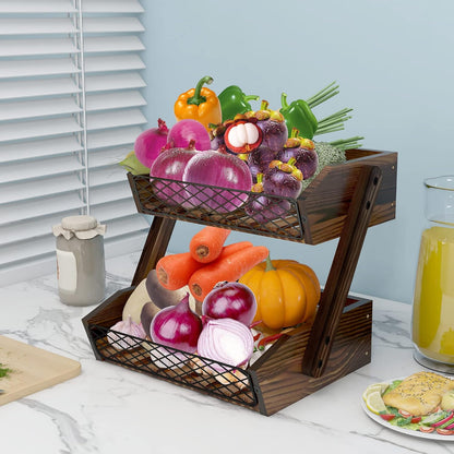 Dorhors Fruit Basket for Kitchen,Fruit Bowl,Kitchen Counter Organizer,Wooden Vegetable Holder for Countertop,Bread Storage Basket Stand(3 Tier)
