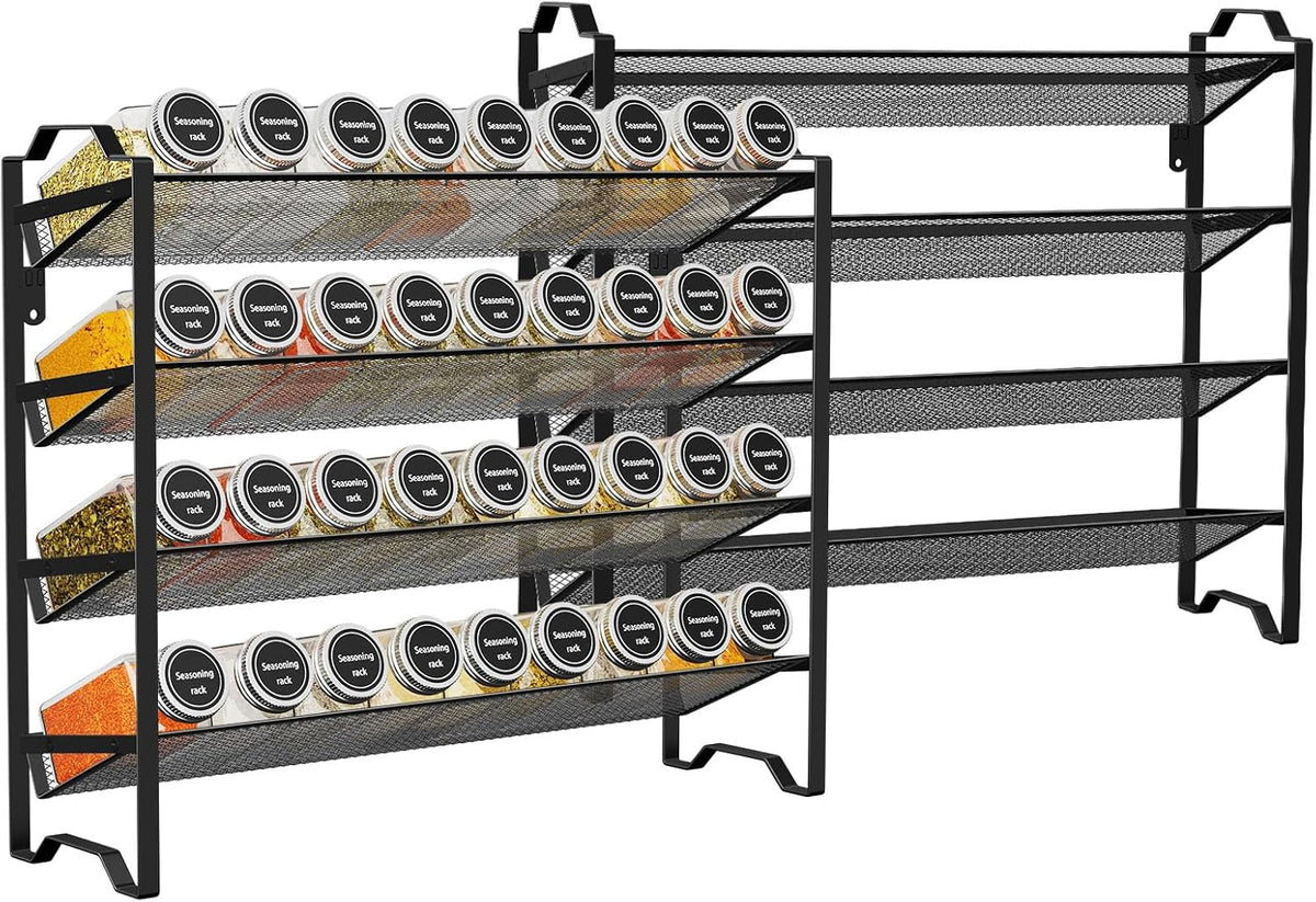 Simple Trending 4 Tier Spice Rack Organizer,Stackable Kitchen Counter Shelves,for Cabinet,Countertop,Pantry, Door or Wall Mount, Metal Mesh,Jars not Included, Black