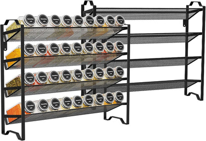 Simple Trending 4 Tier Spice Rack Organizer,Stackable Kitchen Counter Shelves,for Cabinet,Countertop,Pantry, Door or Wall Mount, Metal Mesh,Jars not Included, Black