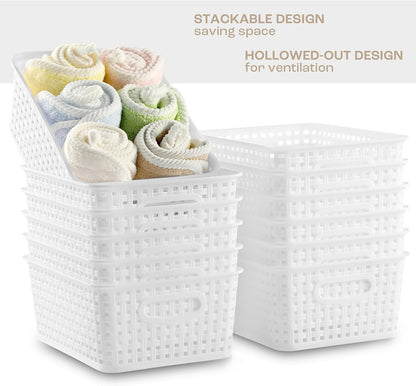 Khaki Stackable Storage Baskets, Plastic Weave Basket Organizer and Storage Set of 12, Pantry Organizing Baskets for Shelves, Kitchens, Bathrooms, Classrooms, Cabinets and Bedrooms