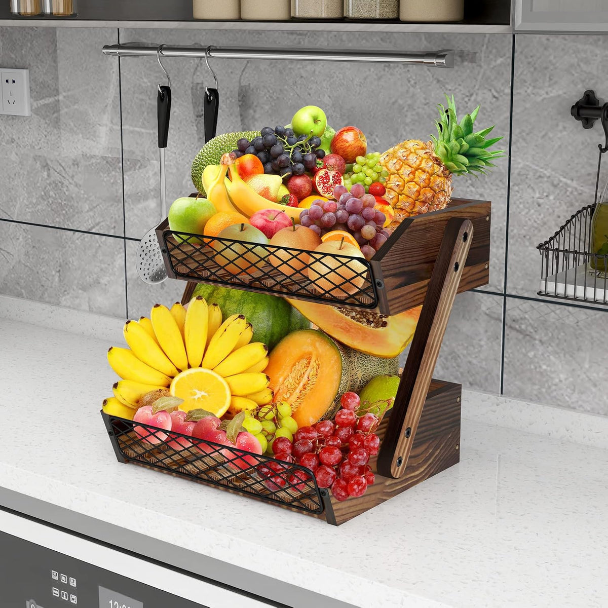 Dorhors Fruit Basket for Kitchen,Fruit Bowl,Kitchen Counter Organizer,Wooden Vegetable Holder for Countertop,Bread Storage Basket Stand(3 Tier)