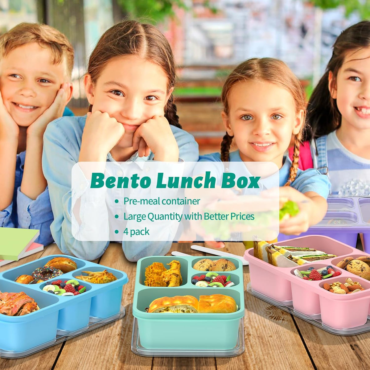 Bento Box Adult Lunch Box - 4 Pack, 5 - Compartment Meal Prep Container for Kids, Reusable Food Storage Snack Containers - Stackable for School, Work, and Travel (Wheat(Green/Blue/Pink/Beige))
