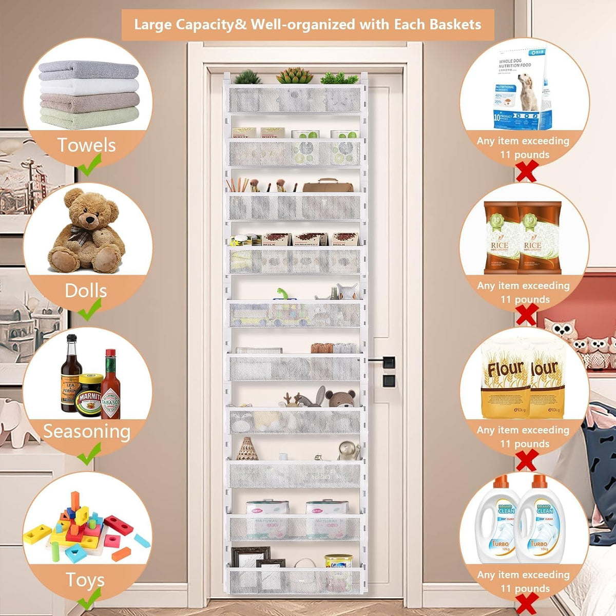 6-Tier Over The Door Pantry Organizer with Mesh Baskets, Adjustable & Stable Hanging Spice Rack for Kitchen, Bathroom, Bedroom, and Baby Essentials Storage