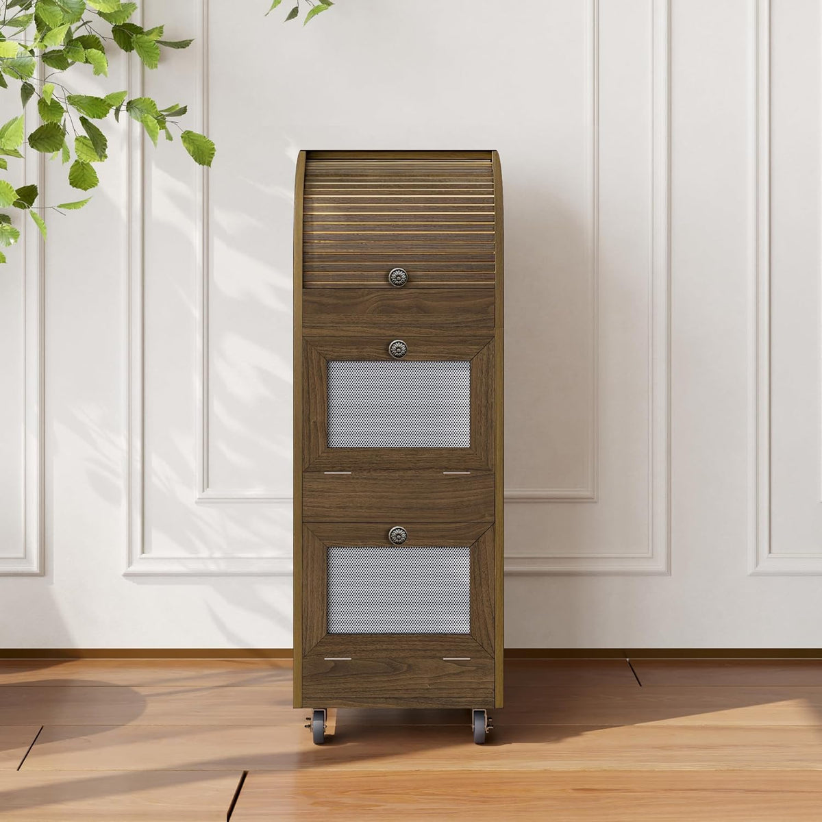 Movable Potato and Onion Storage Box with Wheels,Wooden Vegetable Storage Box,Food Storage Room with Grocery Area,Sliding Design,Modern Farmhouse Style，Suitable for Kitchen (potato bin-Walnut-02)