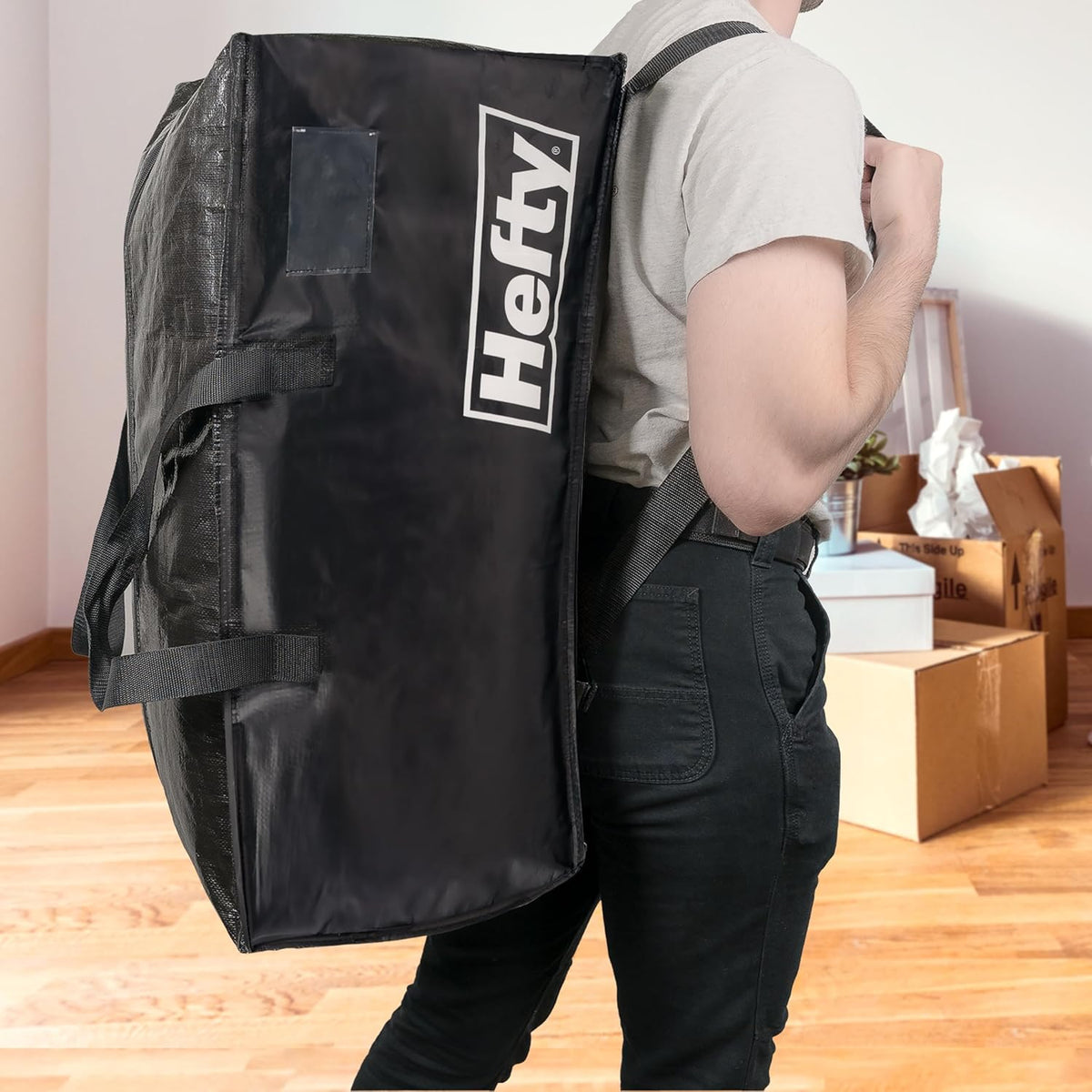 Hefty Storage Bags Extra Large Double Zipper Backpack, Heavy Duty Water Resistant Moving Totes with Shoulder Straps, Foldable Reusable Packing Organizers, 2 Pack (X-Large Black)