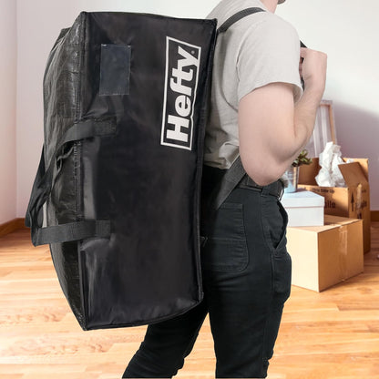 Hefty Storage Bags Extra Large Double Zipper Backpack, Heavy Duty Water Resistant Moving Totes with Shoulder Straps, Foldable Reusable Packing Organizers, 2 Pack (X-Large Black)