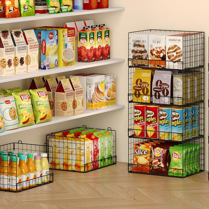 4 Pack Stackable Wire Baskets for Pantry Organizers and Storage, Pantry Baskets with Fixed Wooden Top, Fruit and Vegetable Storage Bins for Organizing Onion Potato Snack for Kitchen Cabinet/Countertop