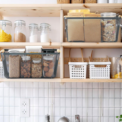 Ziliny 4 Pcs Metal Mesh Wire Baskets with Wooden Handles for Organizing, Pantry Organizers and Storage Steel Bin Kitchen Baskets for Fruit Potato Onion Snacks Bathroom Cabinet(Small,Black)