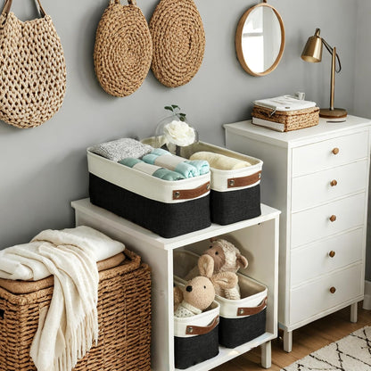 DECOMOMO Storage Bins, Large Fabric Storage Baskets for Shelves, Decorative Linen Closet Organizer, 15 x 11 x 9.5 inches (Beige & White, 3 Pack)