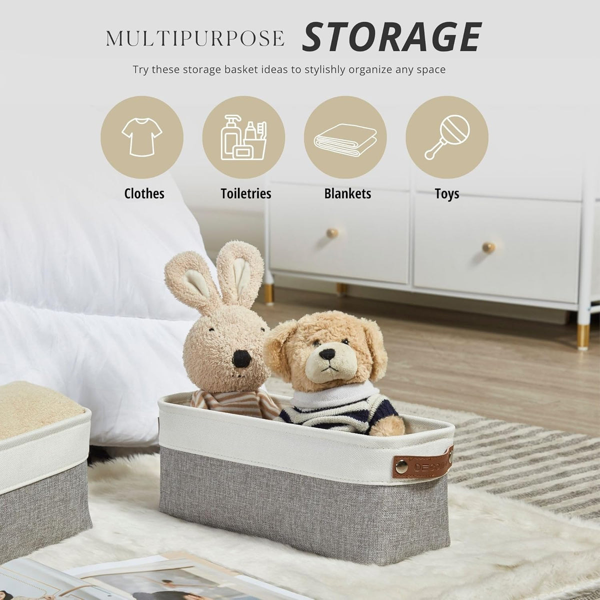 DECOMOMO Storage Bins, Large Fabric Storage Baskets for Shelves, Decorative Linen Closet Organizer, 15 x 11 x 9.5 inches (Beige & White, 3 Pack)