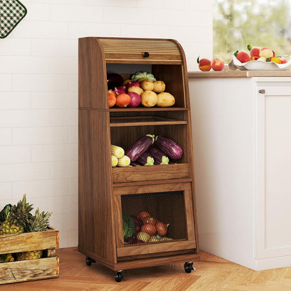 4 Tier Narrow Potato Storage Bin, Tall Wood Potato and Onion Storage Bin with Wheel, Movable Fruit and Vegetable Basket, Food Small Kitchen Pantry Cabinet, Wooden Bread Box, Walnut, Sliding Door