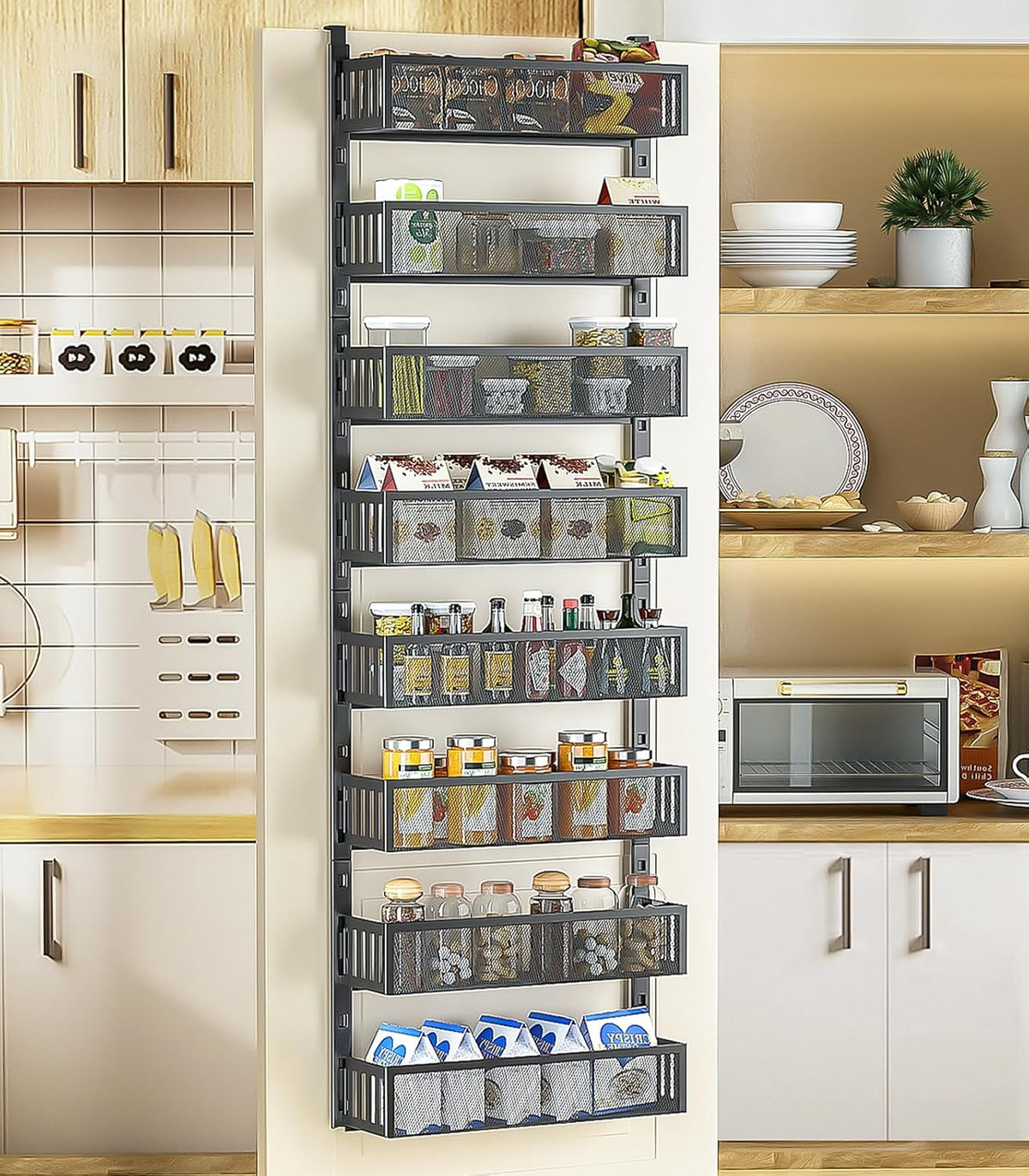 6-Tier Over The Door Pantry Organizer with Mesh Baskets, Adjustable & Stable Hanging Spice Rack for Kitchen, Bathroom, Bedroom, and Baby Essentials Storage