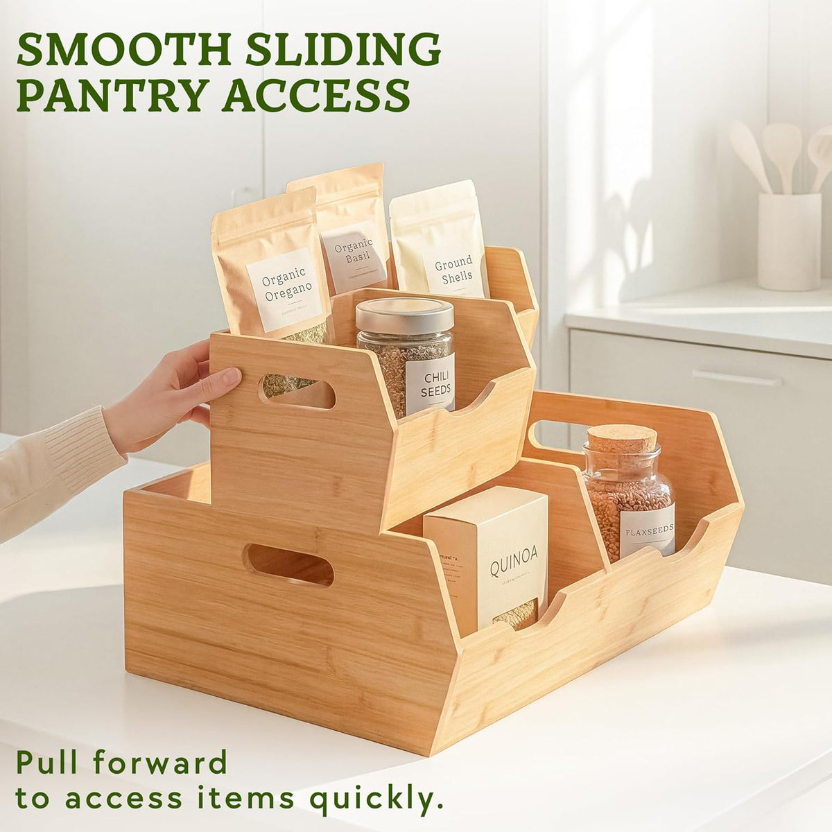 HOMESTEAD Extra Large Bamboo Pantry Storage Bins – 30% Larger, Stackable Potato Onion Storage Bin, Large Pantry Organizers and Storage, Produce Vegetable Organizer, Set of 3