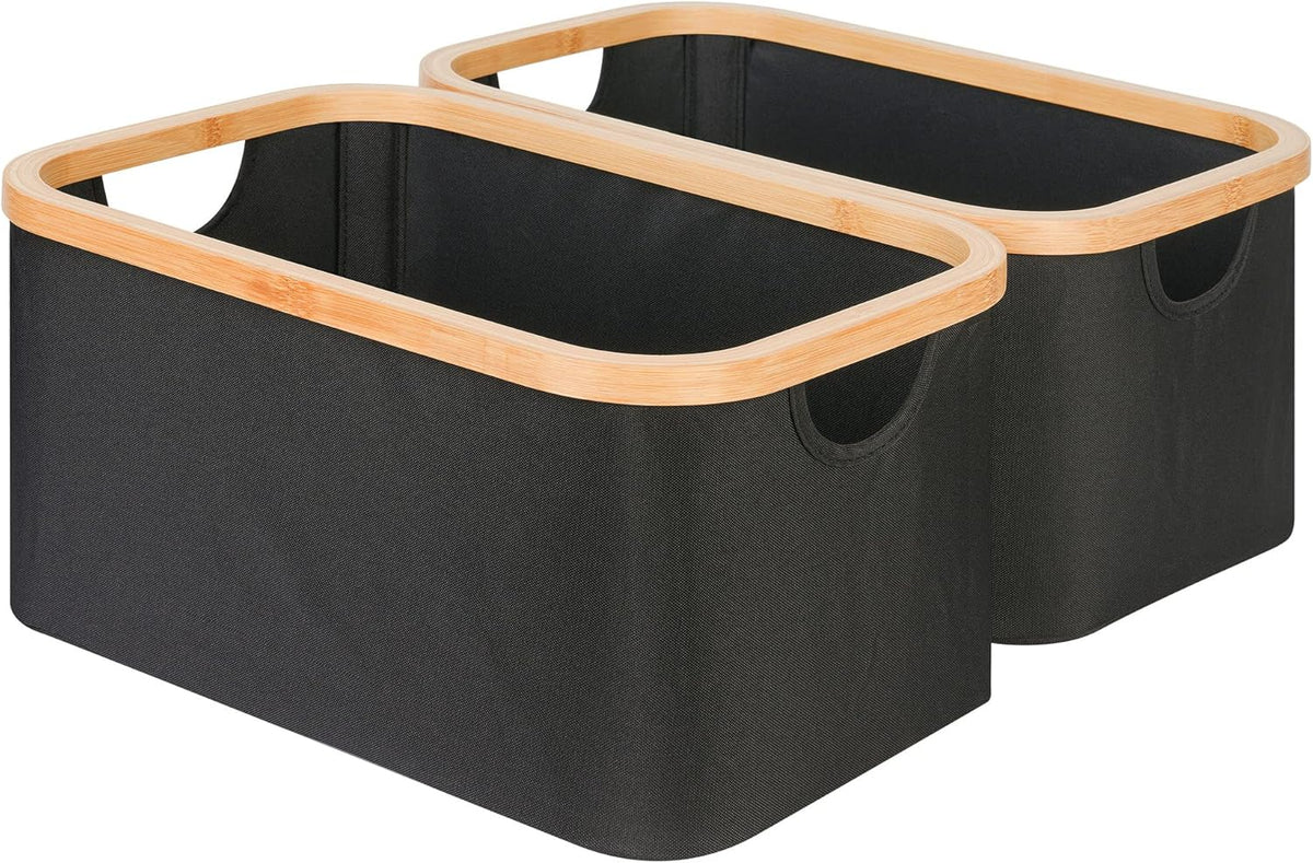efluky Storage Baskets for Organizing, Fabric Storage Bins with Bamboo Handles, Collapsible Storage Baskets for Shelves and Closet (Black, 16.2'' x 13'' x 9.1'')