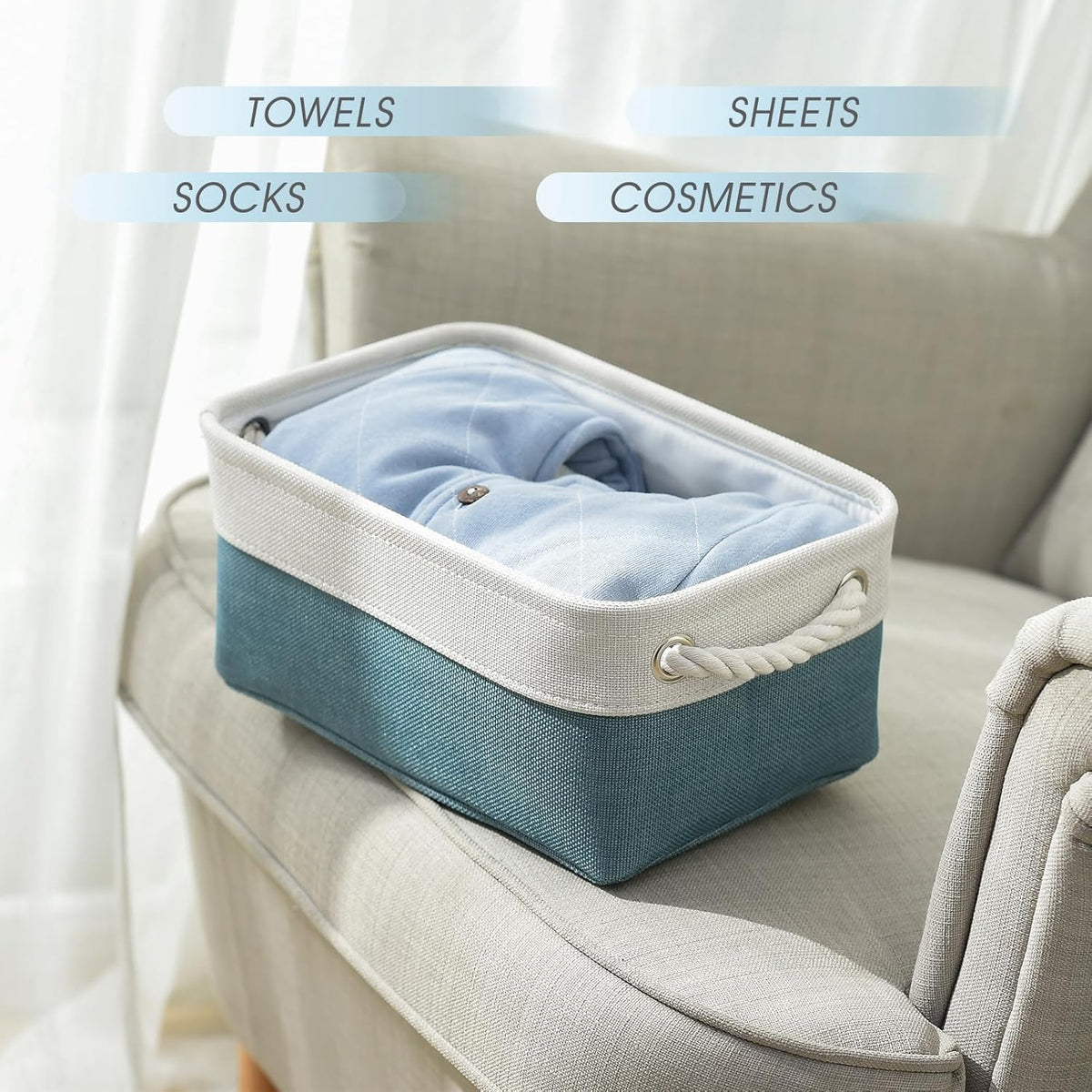 Fabric Storage Bins 12x8x5 inch [6-Pack] with Rope Handles - Decorative Baskets for Organizing