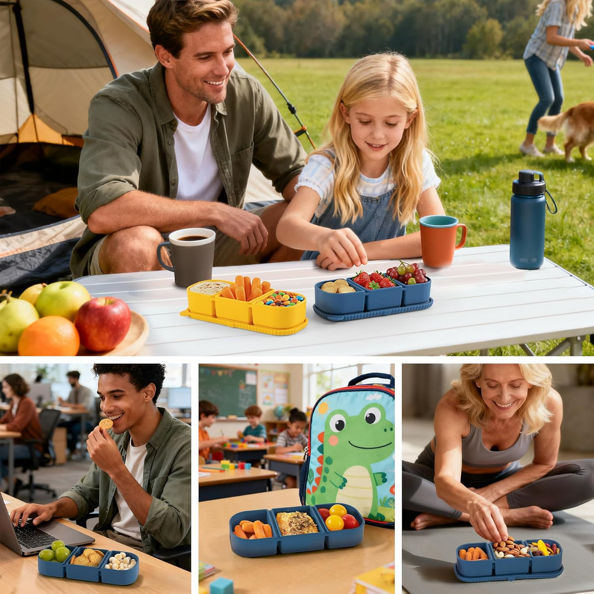 Silicone Reusable Snack Containers with Lids - 8 oz Double Compartment Snackle Box for Kids & Adults, BPA-Free & Leakproof, Small for Dressing, Snacks, School, Office, Picnic