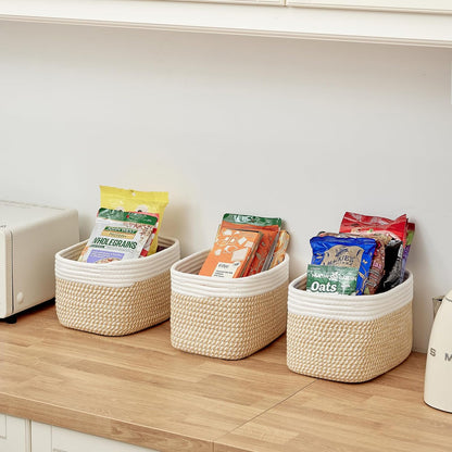 R RUNKA Small Cotton Rope Basket – Storage Bin for Organizing (10.6" x 6.7" x 6.7"), Bathroom Storage Basket for Shelf, Counter & Closet（Beige）