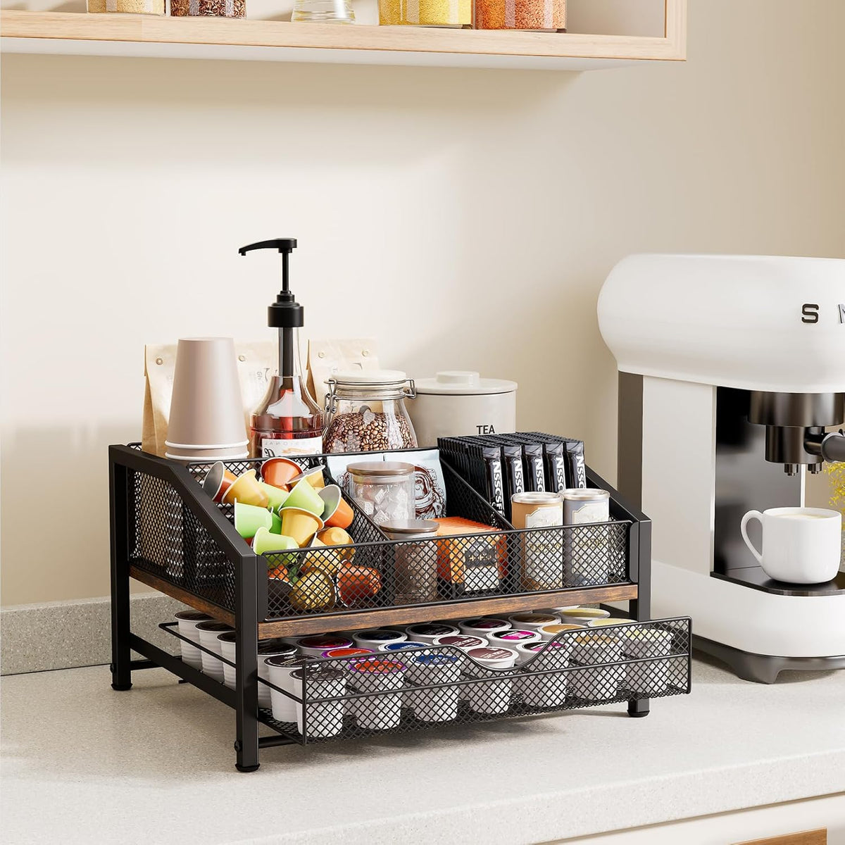 Homsorout Coffee Bar Organizer - Coffee Station for Countertop, Metal and Wood K Cup holder Storage Basket for Coffee Pods, Syrup, Cups, Stirrer, Coffee Condiment, Tea Organizer, Black and Brown