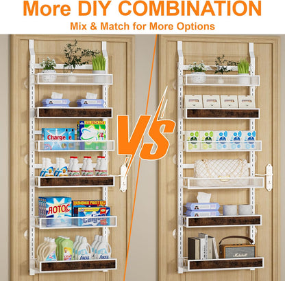 8 Tier Pantry Door Organizer Spice Rack, 2-IN-1 Wall Mount or Hanging Over Door Seasoning Organizer with Adjustable Baskets, Heavy Duty Behind Door Storage Shelves for Pantry, Cabinet and Kitchen