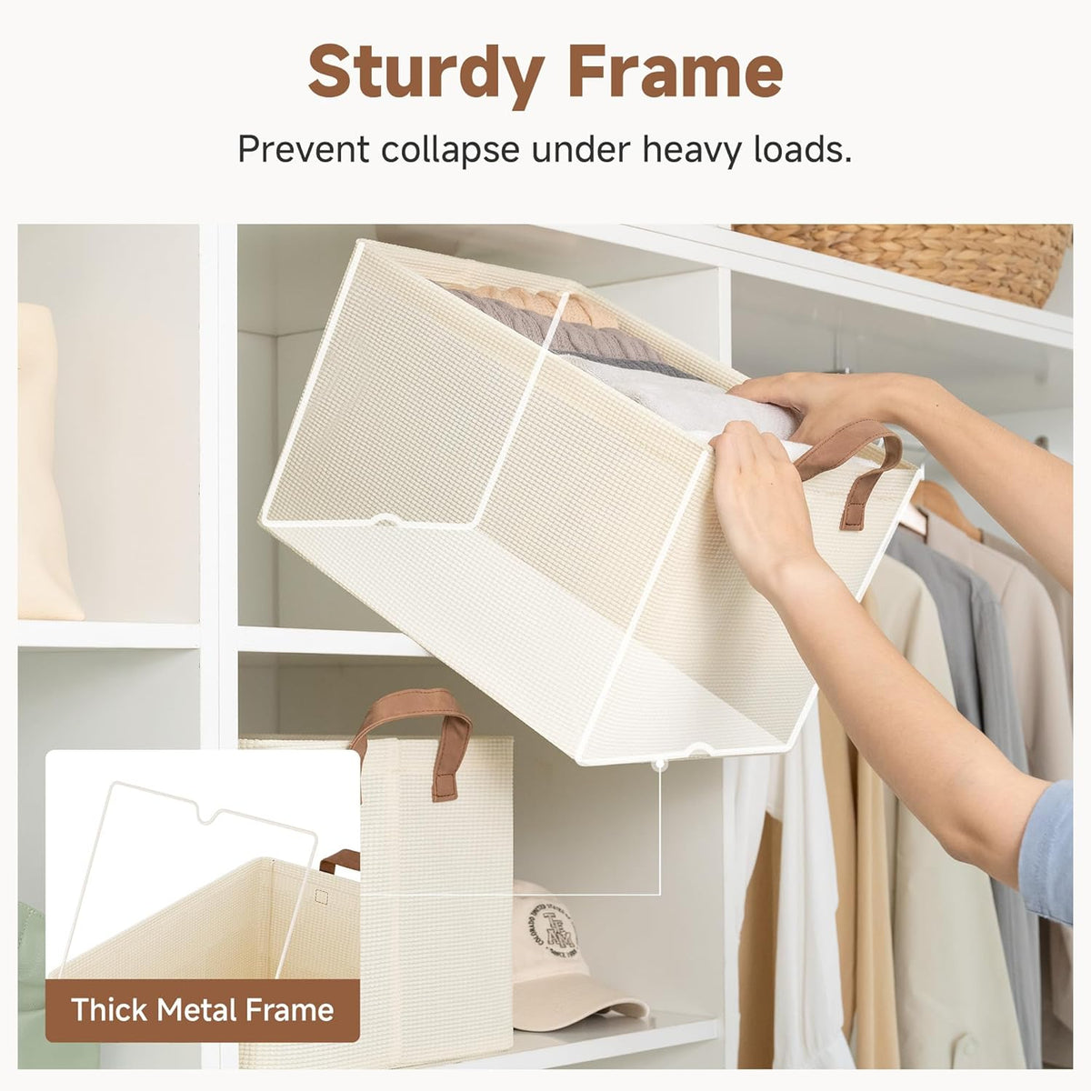 StorageWorks Storage Bins, Shelves Baskets for Organizing, Fabric Closet Organizers with Handles, Metal Frame, Beige-Cotton-linen, 2-Pack