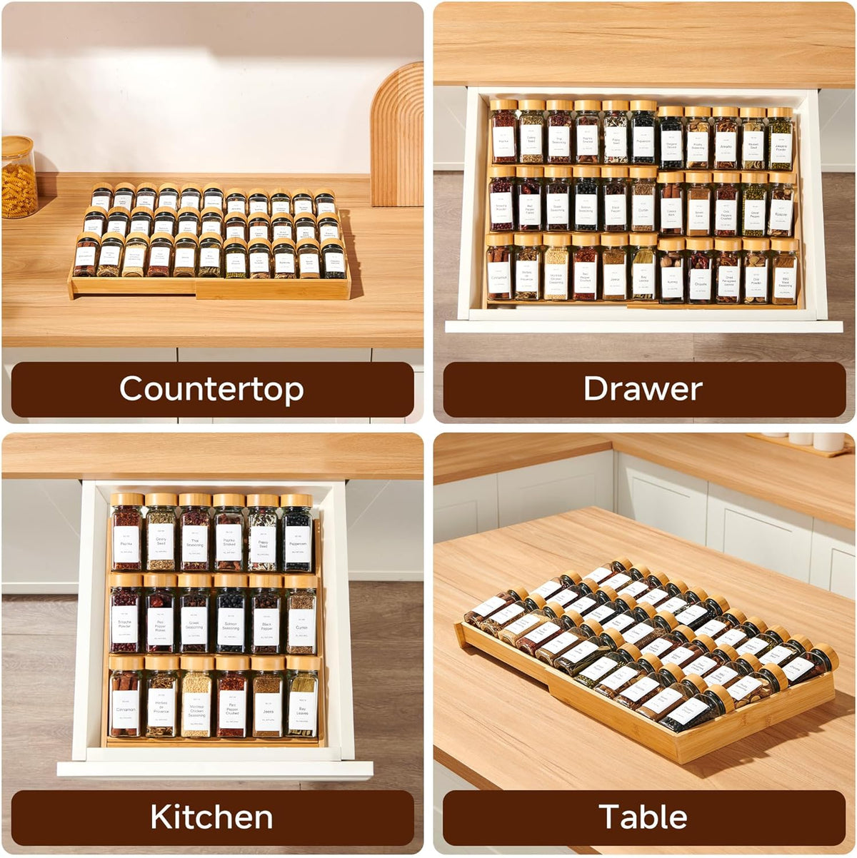 3-Tier Expandable Bamboo Spice Drawer Organizer, Adjustable Width 12" to 21", Kitchen Storage with 36 Glass Jars & Bamboo Lids, 216 Labels, Non-Slip Design for Cabinet & Countertop