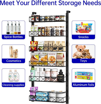MIAOLI Over the Door Organizer, Black 6-Tier Pantry Door Organizer with Adjustable Basket, Hanging Spice Rack Cabinet Door Shelves, Laundry Room Organization and Storage