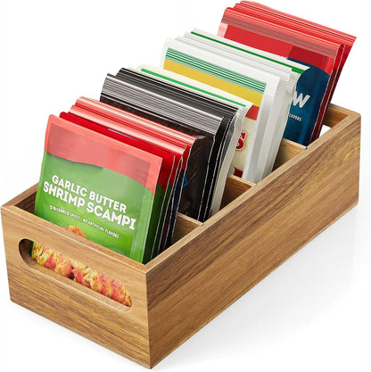DRASTAR Pantry Organization and Storage Bins, Large Snack Organizer with Removable Dividers, Wooden Storage Caddy for Kitchen, Pantry, Cabinet, Countertop, Black