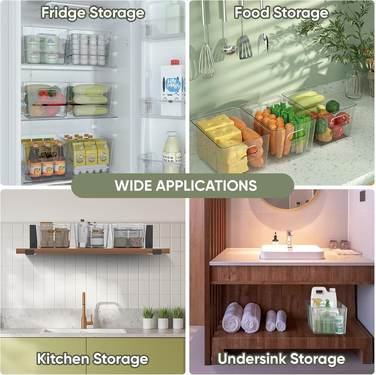 BALEINE Clear Plastic Storage Bins with 3 Removable Dividers, Pantry Organization, BPA Free Stackable Refrigerator Organizers and Storage for Kitchen Fridge Cabinet Bathroom (10.5x6.1x3.5, 4PK)