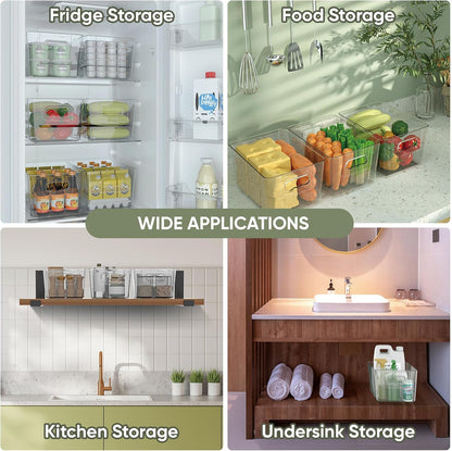 BALEINE Clear Plastic Storage Bins with 3 Removable Dividers, Pantry Organization, BPA Free Stackable Refrigerator Organizers and Storage for Kitchen Fridge Cabinet Bathroom (10.5x6.1x3.5, 4PK)