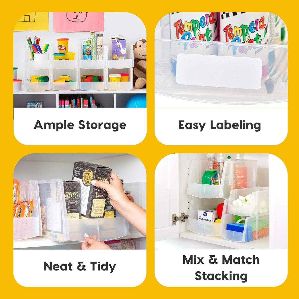 IRIS USA Clear Plastic Stackable Storage Bins, Large-, Open Front Fridge Pantry Kitchen Closet Cabinet Bathroom Organizer Basket for Organizing Snack, Cans, Office Supplies, and Coffee Pods
