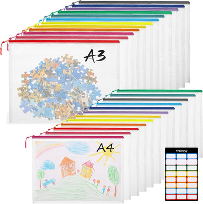 YOPCDJ 24pcs Mesh Zipper Pouch File Bags Puzzle Storage Bags, A3 17x12 Inches Large Reusable Zipper Pouches for Organizing Classroom Board Game Organization