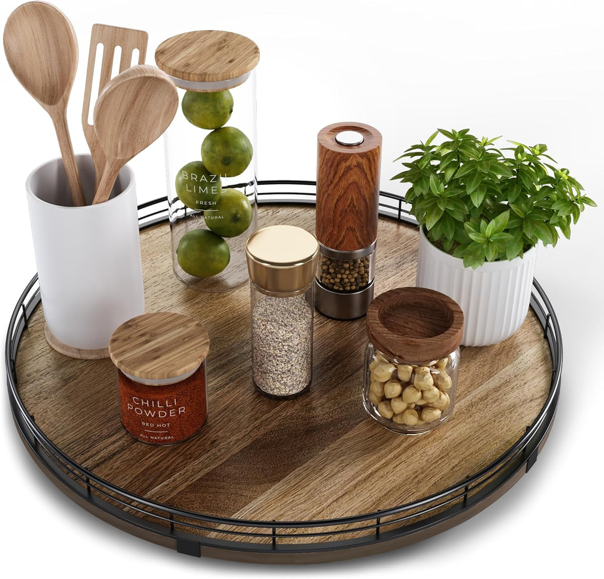 Acacia Wood 13" Lazy Susan Turntable Organizer for Table Top, Farmhouse Round Wooden Lazy Susan for Cabinet Kitchen Centerpieces Coffee Table, for Condiments Spices, Bathroom Vanity Tray Decor