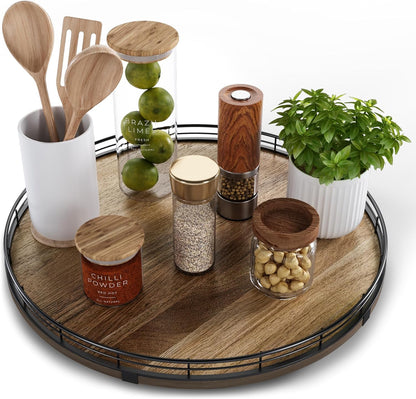Acacia Wood 13" Lazy Susan Turntable Organizer for Table Top, Farmhouse Round Wooden Lazy Susan for Cabinet Kitchen Centerpieces Coffee Table, for Condiments Spices, Bathroom Vanity Tray Decor