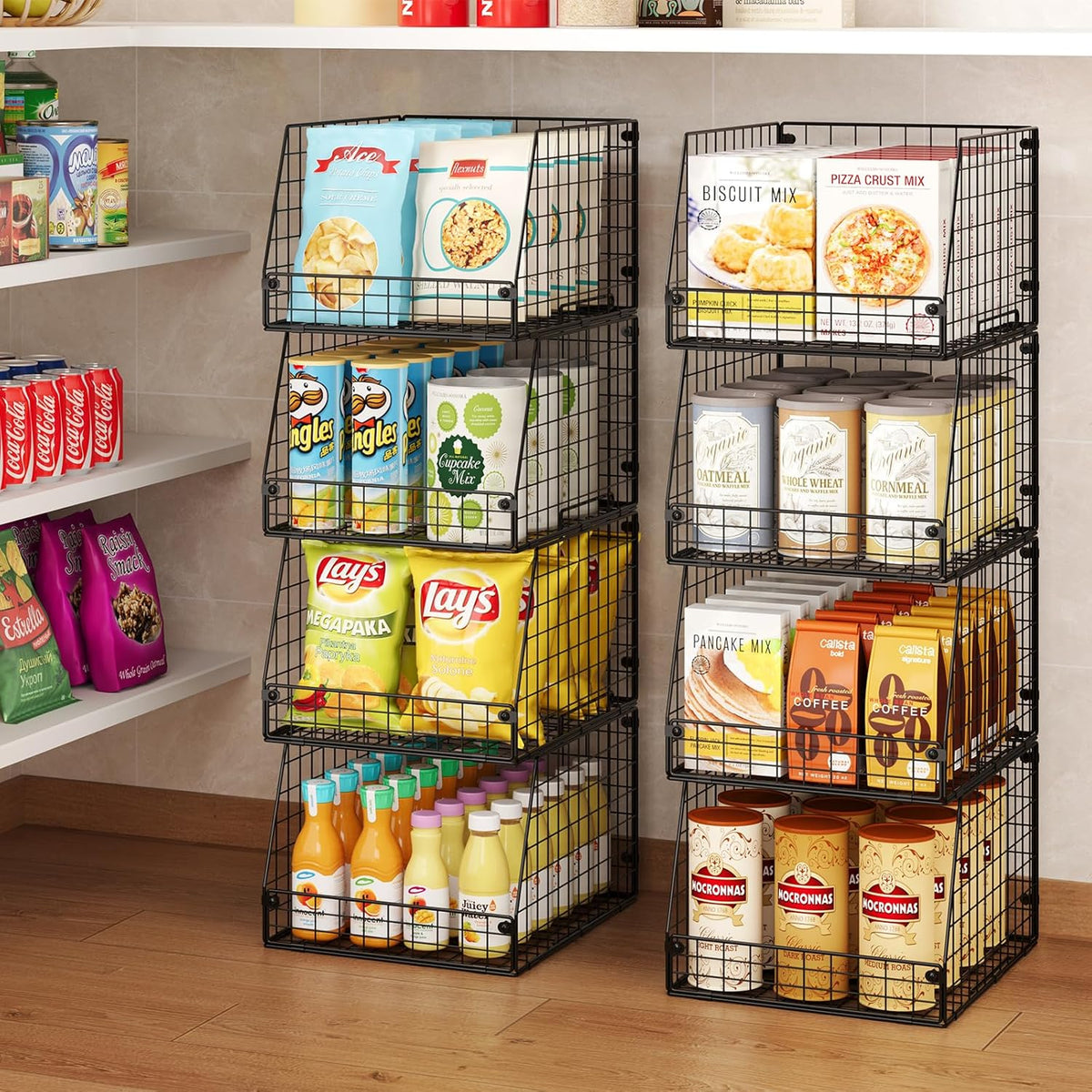 Jakyitvi XXL Stackable Wire Storage Basket, Extra Large Capacity Pantry Organizer and Storage, Muti-Purpose for Fruit Vegetable Basket & Toy Bin & Snack Organizer