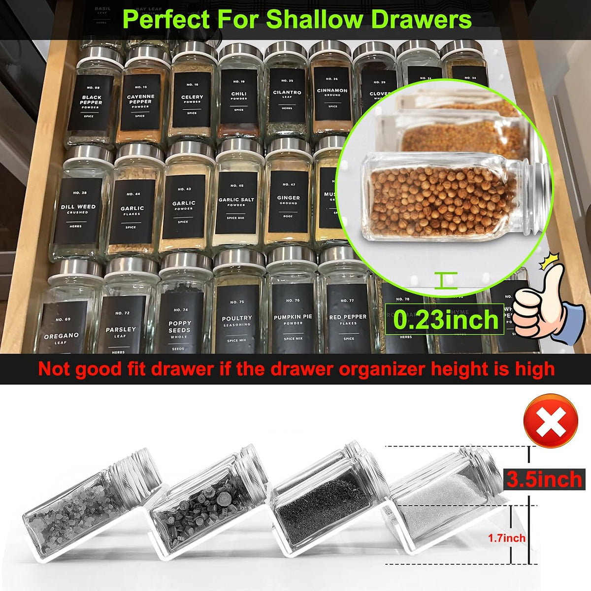 Gosmol Spice Drawer Organizer insert, Adjustable & Non-Slip Silicone Spice Drawer Liner, in Drawer Spice Organizer for Seasoning Jars and Spices Bottles -Grey