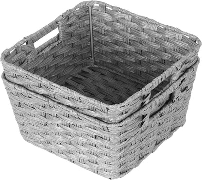 Onlytak Large Wicker Storage Basket, Metal Frame, Set of 2, Washable Waterproof, 15" x 10.3" x 5.2", Brown Color, Woven Basket for Pantry, Toilet, Bathroom, Bedroom, Patio