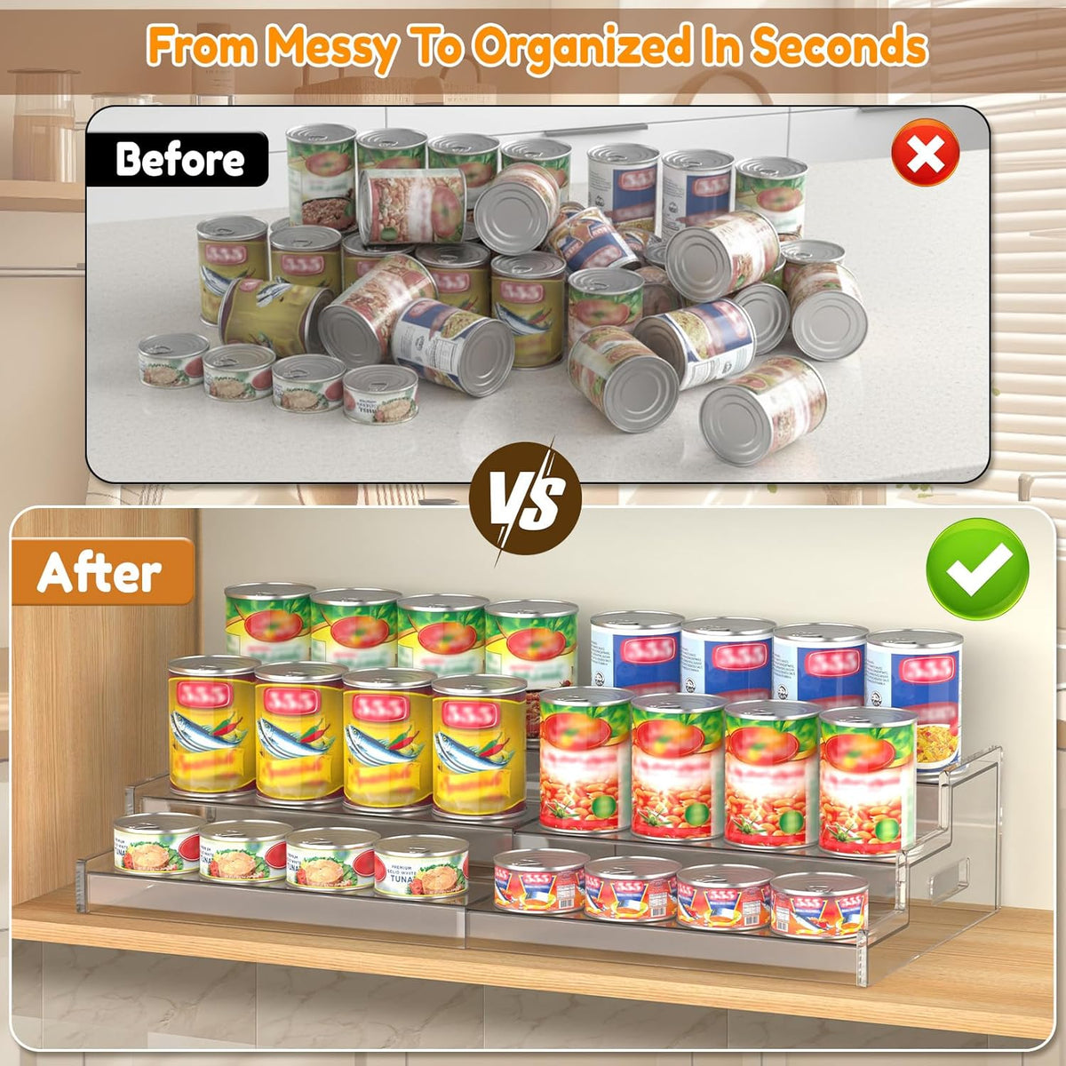 Yecuip Expandable Can Rack Organizer for Pantry, 3-Tier Adjustable Can Storage Holder, Holds Up to 24 Cans, Acrylic Canned Food Organizer for Pantry, Cabinet, Countertop, Kitchen