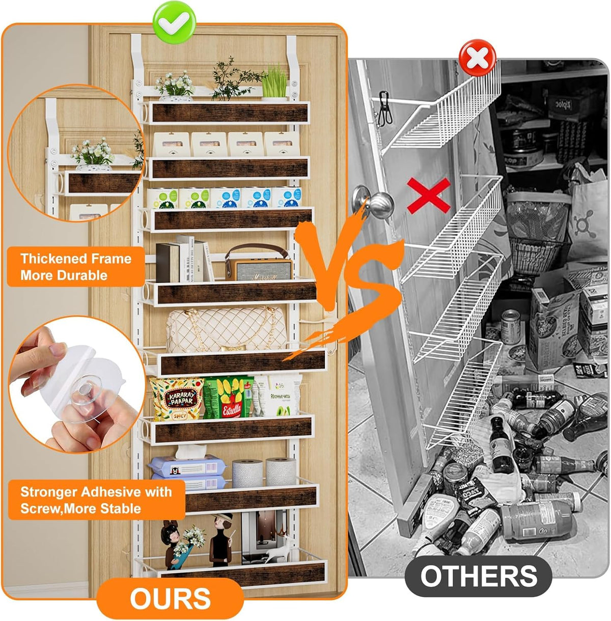 8 Tier Over The Door Pantry Orangizer 2 IN 1 Wall Mounted or Hanging Spice Rack with Adjustable Wood Basket,Heavy Duty Seasoning Storage Shelf for Kitchen Pantry and Bathroom