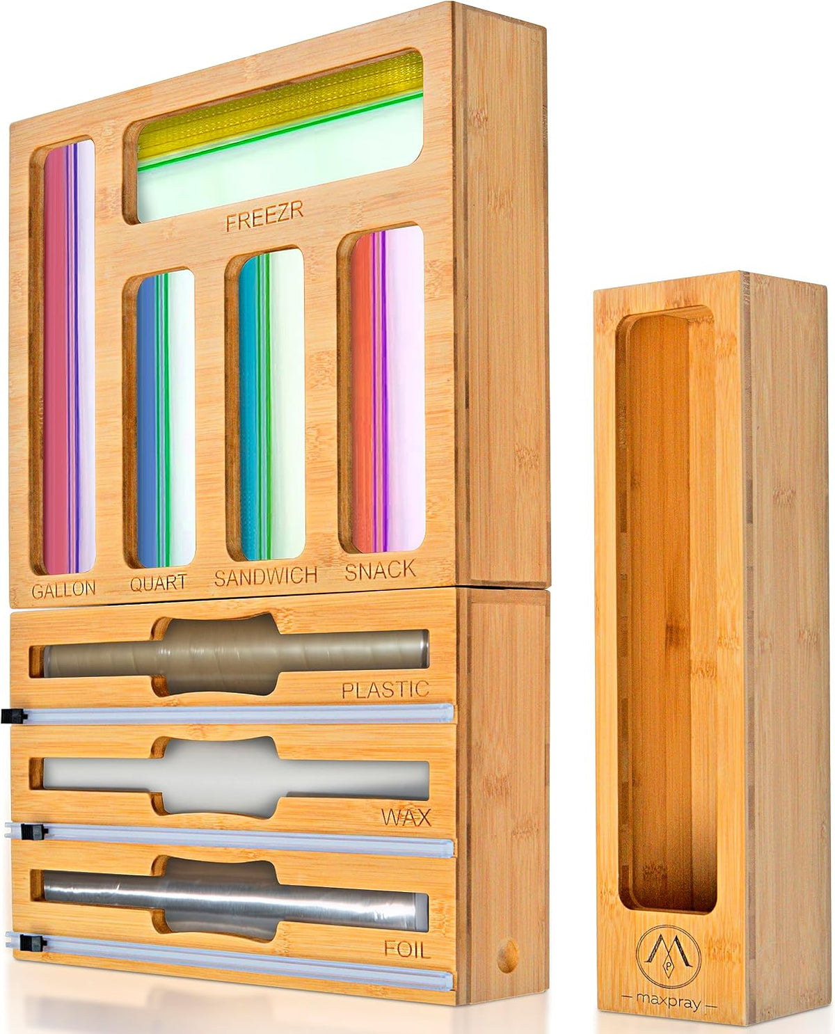 3 in 1 Wrap Organizer with Cutter and Labels, Plastic Wrap, Aluminum Foil and Wax Bamboo Dispenser for Kitchen Storage Organization Holder for 12" Roll (Natural)